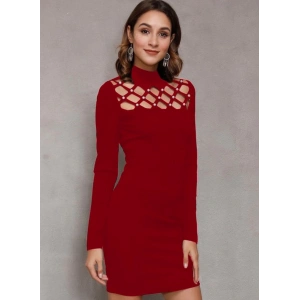 Kadın Uzun Kollu Bisiklet Yaka Lazer Kesim Inci Detay Viskon Iki Iplik Mini Boy Elbise