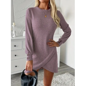 Kadın Uzun Kollu Bisiklet Yaka önden Asimetrik Kesim Detaylı Mini Yumoş Elbise