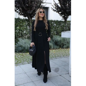 Kadın Uzun Kollu Bisiklet Yaka önden Halka Detaylı Yırtmaçlı Uzun Viskon Iki Iplik Elbise