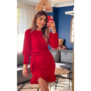 Kadın Uzun Kollu Bisiklet Yaka önden Volanlı Ithal Krep Elbise