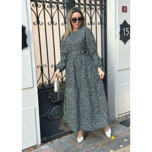 Kadın Uzun Kollu Bisiklet Yaka Papatya Desen Kuşak Dahil Maxi Boy Elbise