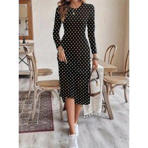 Kadın Uzun Kollu Bisiklet Yaka Puantiyeli örme Krep Midi Elbise