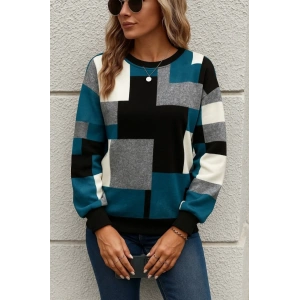 Kadın Uzun Kollu Bisiklet Yaka Renkli Blok Baskı Dalgıç Bluz