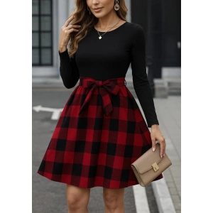 Kadın Uzun Kollu Bisiklet Yaka üst Viskon Alt Ekose Kısa Elbise