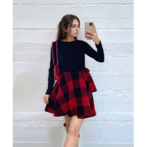 Kadın Uzun Kollu Bisiklet Yaka üst Viskon Alt Ekose Kısa Elbise