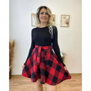 Kadın Uzun Kollu Bisiklet Yaka üst Viskon Alt Ekose Kısa Elbise