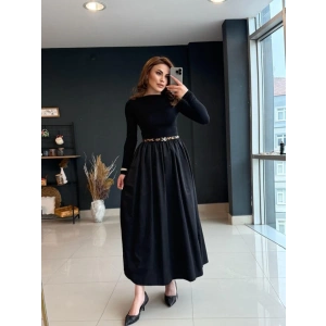 Kadın Uzun Kollu Bisiklet Yaka Uzun üst Viskon Alt Trikoton Elbise