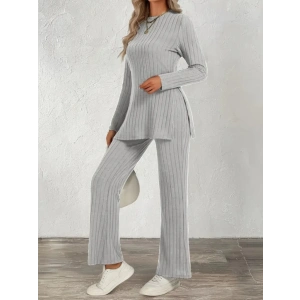 Kadın Uzun Kollu Bisiklet Yaka Yandan Yırtmaçlı şardonlu Kaşkorse Bluz Ve Pantolon Ikili Takım