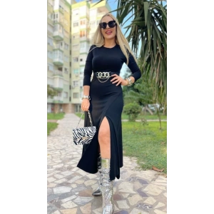 Kadın Uzun Kollu Bisiklet Yaka Yırtmaçlı Kemerli Uzun çilek Elbise