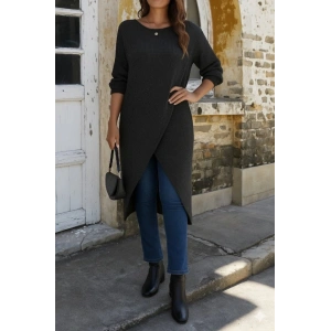 Kadın Uzun Kollu Bisiklet Yakalı önden çapraz Kesim Detaylı Midi Triko Elbise