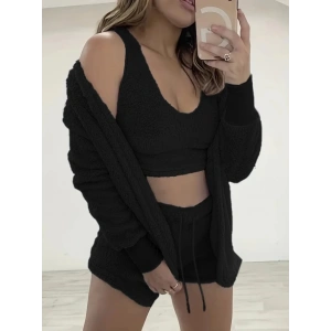 Kadın Uzun Kollu Ceket, Askılı Peluş Bluz Ve şort üçlü Takım