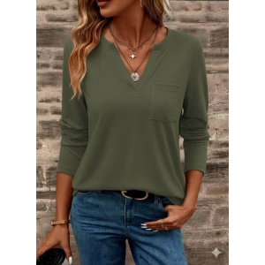 Kadın Uzun Kollu Cepli V Yakalı Viskon Iki Iplik Bluz