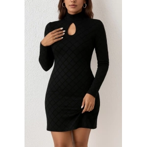 Kadın Uzun Kollu Damla Detay Flok Baskı Dalgıç Mini Elbise