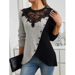 Kadın Uzun Kollu Dantel Yaka Yandan Düğmeli şardonlu Kaşkorse Bluz