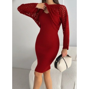 Kadın Uzun Kollu Delikli Kazak Askılı Elbise Triko Ikili Takım