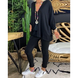 Kadın Uzun Kollu Derin V Yaka ön Kısa Arka Uzun Viskon Bluz