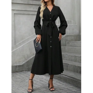 Kadın Uzun Kollu Derin V Yakalı Belden Kuşaklı önden Düğmeli Janjan Krep Elbise