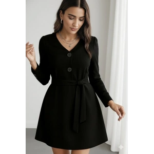 Kadın Uzun Kollu Düğme Detaylı Kendinden Kemerli Ithal Krep Elbise