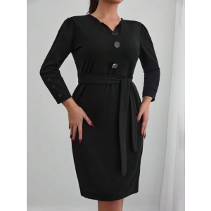 Kadın Uzun Kollu Düğme Detaylı Kendinden Kemerli Ithal Krep Elbise
