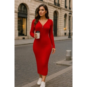 Kadın Uzun Kollu Fermuar Detay Fitilli Kaşkorse Kumaş Maxi Boy Elbise