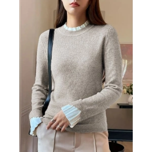 Kadın Uzun Kollu Fırfırlı Yakalı Triko Krem Bluz