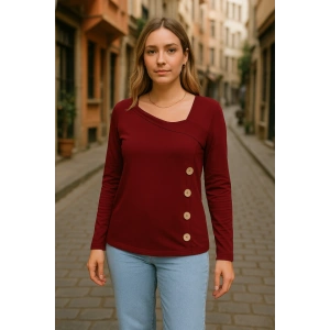 Kadın Uzun Kollu Geometrik Yaka Detay Yandan Düğmeli Viskon Iki Iplik Bluz