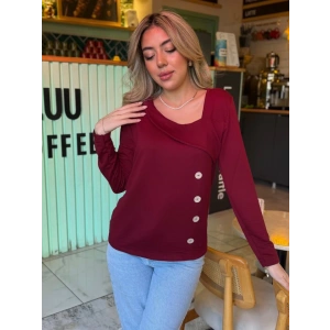 Kadın Uzun Kollu Geometrik Yaka Detay Yandan Düğmeli Viskon Iki Iplik Bluz