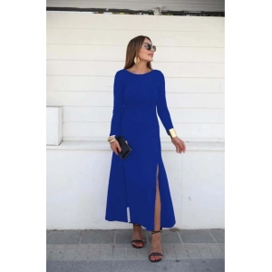 Kadın Uzun Kollu Hafif Kayık Yaka Sırt Dekolteli Yırtmaç Detaylı Viskon Tam Boy Elbise