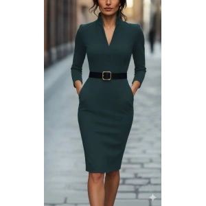 Kadın Uzun Kollu Hakim Yaka Beli Kemerli Cepli Midi Ithal Krep Elbise