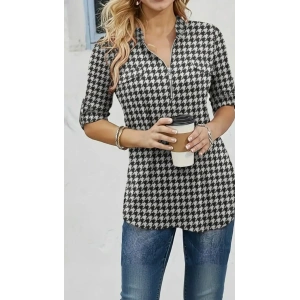 Kadın Uzun Kollu Hakim Yaka Yakadan Fermuarlı Geometrik Desenli Süprem Bluz
