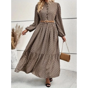 Kadın Uzun Kollu Hakim Yakalı Düğmeli Kemersiz Desenli Maxi Süprem Elbise