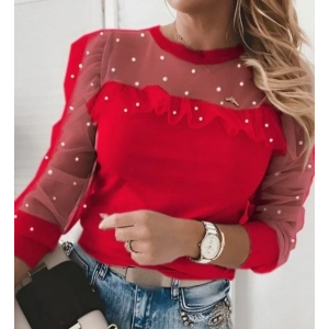 Kadın Uzun Kollu Inci Detaylı Tüllü Viskon Bluz