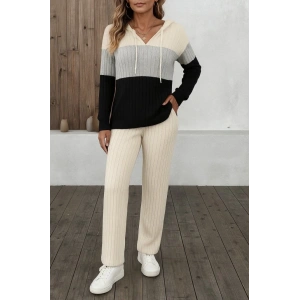 Kadın Uzun Kollu Kapşonlu Bağcıklı Blok Renkli şardonlu Kaşkorse Bluz Ve Pantolon Ikili Takım