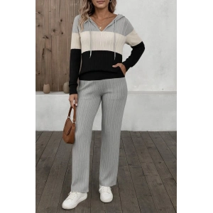 Kadın Uzun Kollu Kapşonlu Bağcıklı Blok Renkli şardonlu Kaşkorse Bluz Ve Pantolon Ikili Takım
