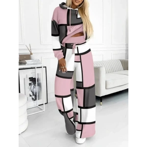 Kadın Uzun Kollu Kapşonlu Bağcıklı Desenli Iki Iplik Bluz Ve Pantolon Ikili Takım