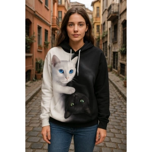 Kadın Uzun Kollu Kapşonlu Bağcıklı Kedi Desenli şardonlu Dalgıç Bluz