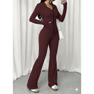 Kadın Uzun Kollu Kapşonlu Bağcıklı önü Fermuarlı Viskon Iki Iplik Bluz Ve Pantolon Ikili Takım