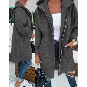 Kadın Uzun Kollu Kapşonlu Fermuar Detaylı Cepli Uzun üç Iplik Ceket