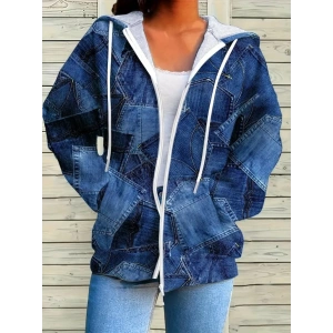 Kadın Uzun Kollu Kapşonlu Fermuarlı Kot Desenli Bağcıklı Modal Ceket