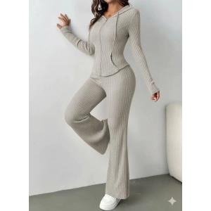 Kadın Uzun Kollu Kapşonlu önden Fermuarlı Kaşkorse Bluz Ve Pantolon Ikili Takım