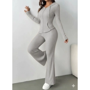 Kadın Uzun Kollu Kapşonlu önden Fermuarlı Kaşkorse Bluz Ve Pantolon Ikili Takım