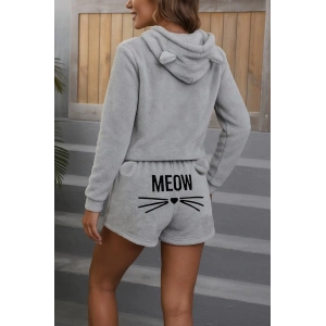 Kadın Uzun Kollu Kapşonlu Peluş Bluz Ve Kısa Short Ikili Takım