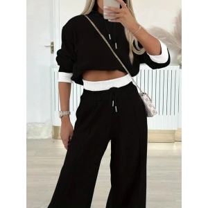 Kadın Uzun Kollu Kapşonlu Viskon Iki Iplik Bluz Ve Pantolon Ikili Takım