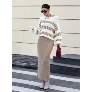 Kadın Uzun Kollu Kayık Yakalı Salaş Triko Bluz Ve Etek Ikili Takım