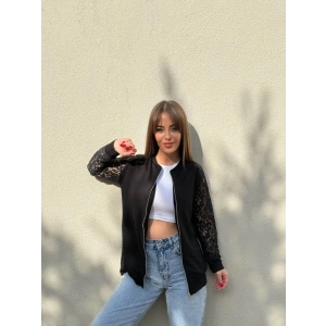 Kadın Uzun Kollu Kolları Dantel Detay önden Fermuarlı Viskon Iki Iplik Ceket