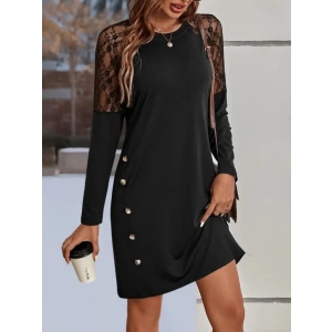 Kadın Uzun Kollu Kolları Dantelli Yuvarlak Yandan Düğme Detay Yaka Viskon Iki Iplik Elbise