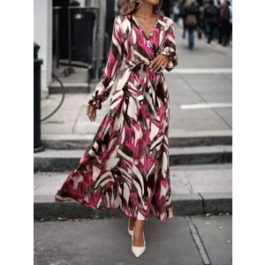 Kadın Uzun Kollu Kruvaze Yaka Belden Kuşaklı Desenli Süprem Elbise