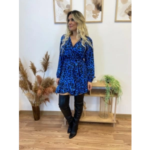 Kadın Uzun Kollu Kruvaze Yaka Belden Kuşaklı Leopar Desenli Dalgıç Elbise