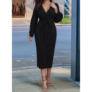 Kadın Uzun Kollu Kruvaze Yaka Belden Kuşaklı Midi Ithal Krep Elbise