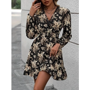 Kadın Uzun Kollu Kruvaze Yaka Beli Gipeli çiçek Desenli Kısa Dalgıç Elbise
